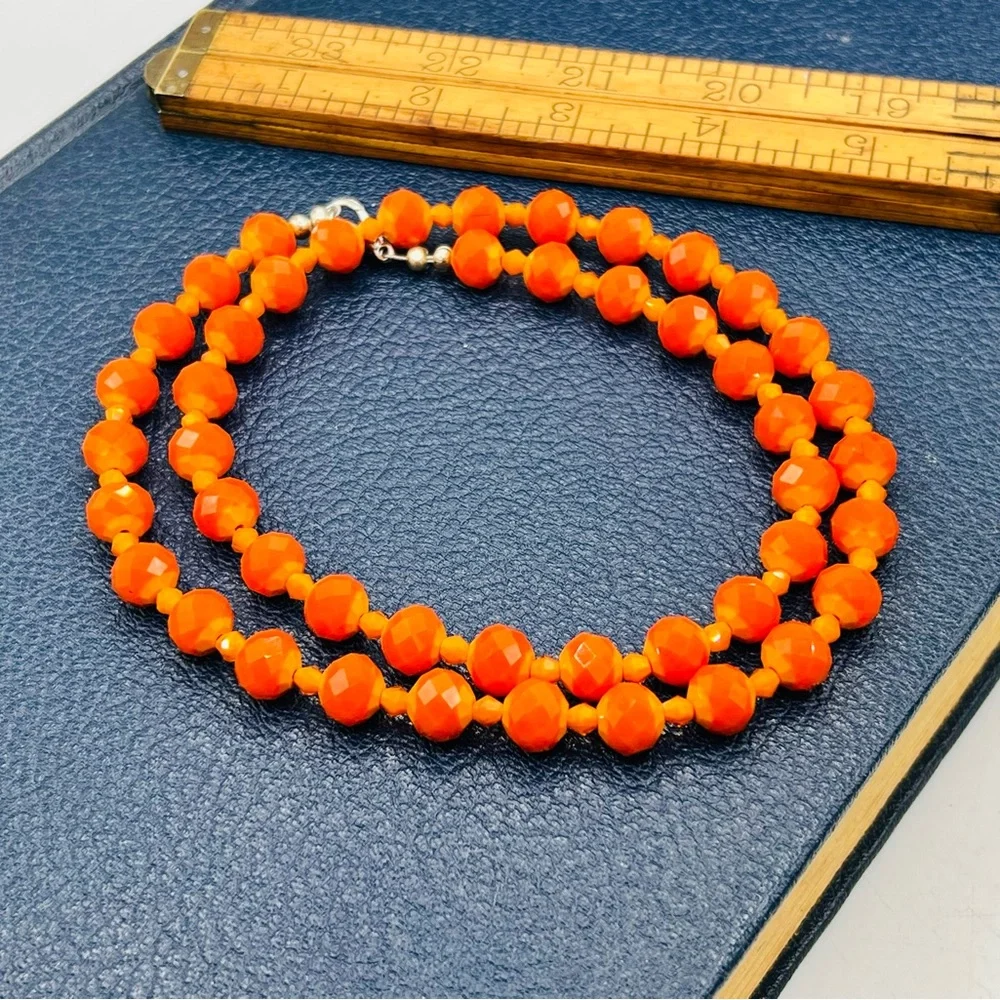 Vibrant 2-tone orange crystal bead necklace artisan 28”